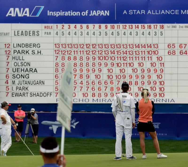 Pernilla Lindberg and Daniel Taylor look up at the ANA Inspiration leaderboard with Lindberg at the top