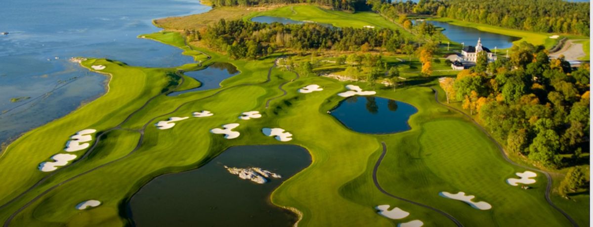 Aerial view of the Stadium Course at Bro Hof Slott beside Lake Mälaren